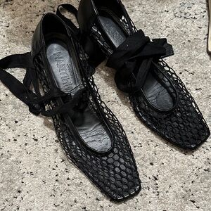 Souliers Martinez Black Mesh Women's Flats Ribbon Tie Removable